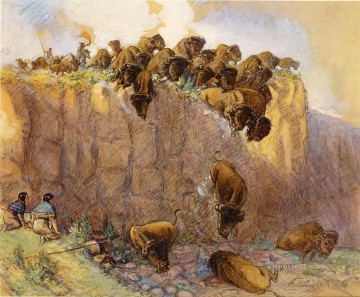 牛 雄牛 Painting - バッファローを崖の上に追いやる 1914年 チャールズ・マリオン・ラッセルのヤク